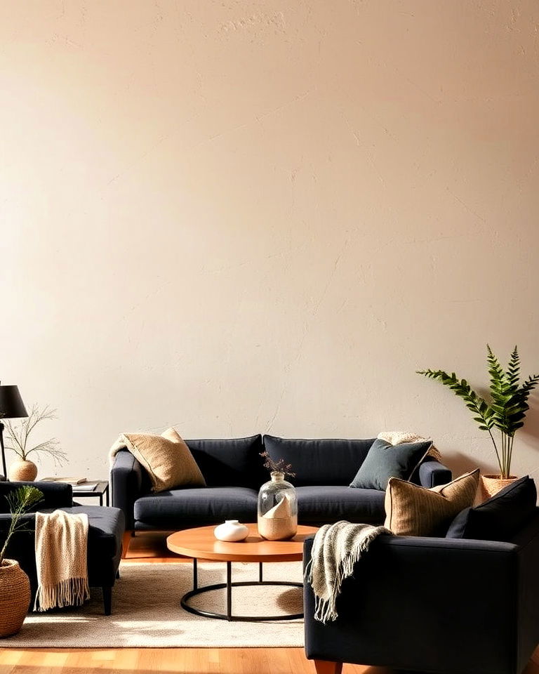unique beige textured walls with black furniture - 30 Black and Beige Living Room Ideas