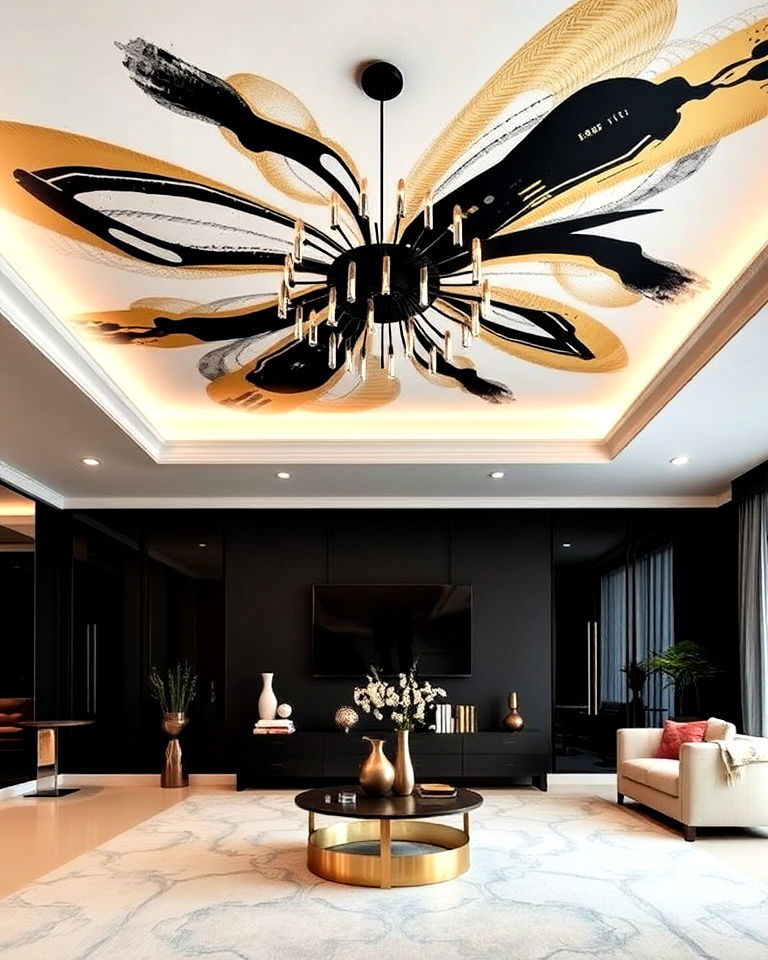 unique black and gold abstract ceiling art - 40 Black and Gold Living Room Ideas
