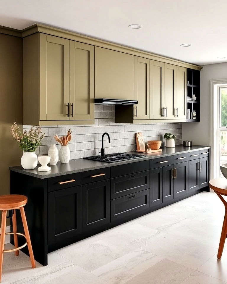 unique black and olive green two tone cabinets - 30 Black and Green Kitchen Ideas