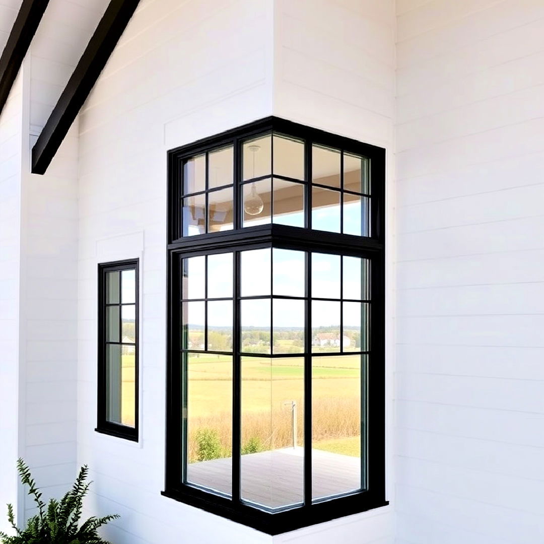 unique black corner windows for white farmhouse - 25 White Farmhouse With Black Windows Ideas