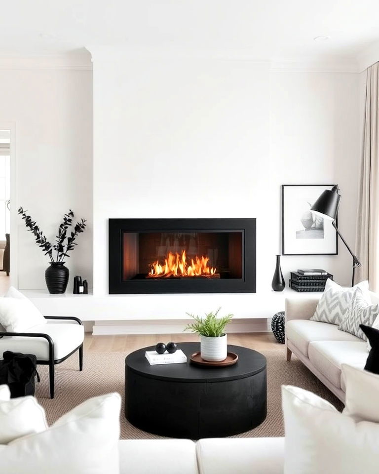 unique black framed fireplace for contrast - 20 Scandinavian Fireplace Ideas