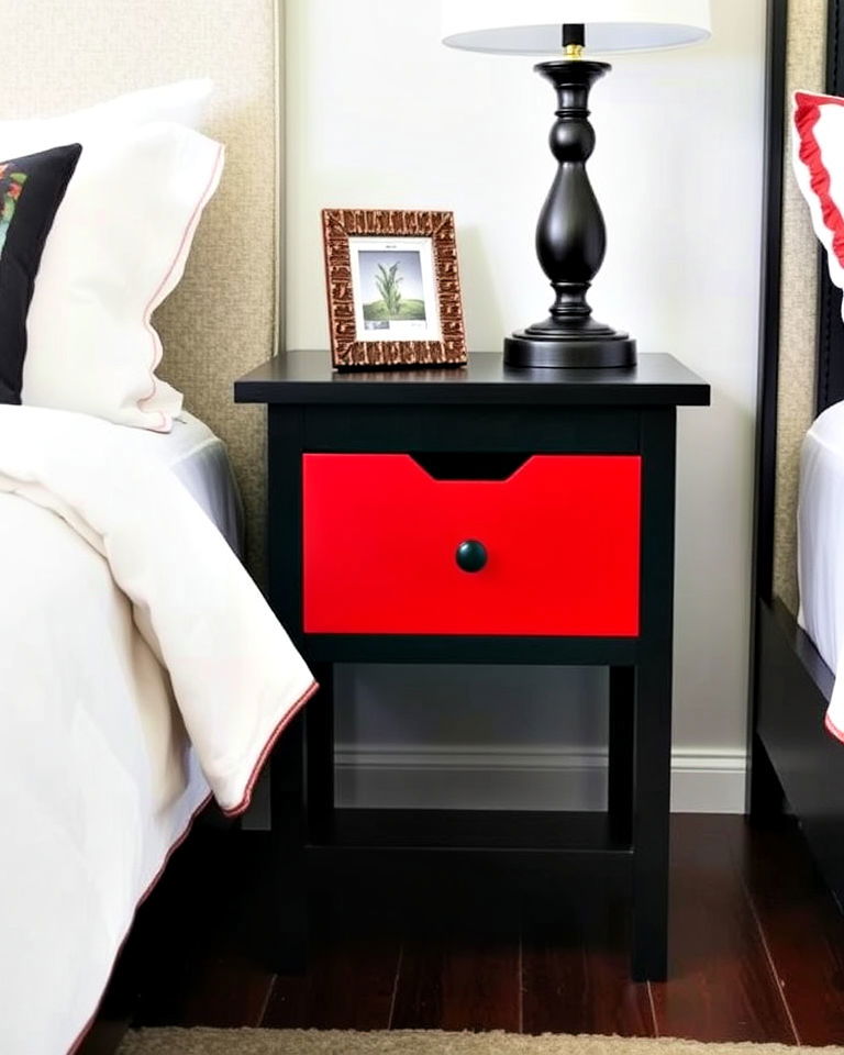 unique black nightstand with red drawer - 25 Red and Black Bedroom Ideas