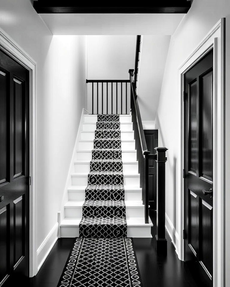 unique black stair railings with white steps - 20 Black and White Hallway Ideas