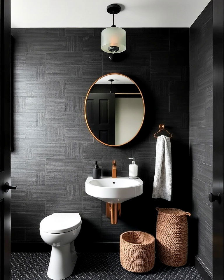 unique black textured wallpaper - 25 Black Powder Room Ideas