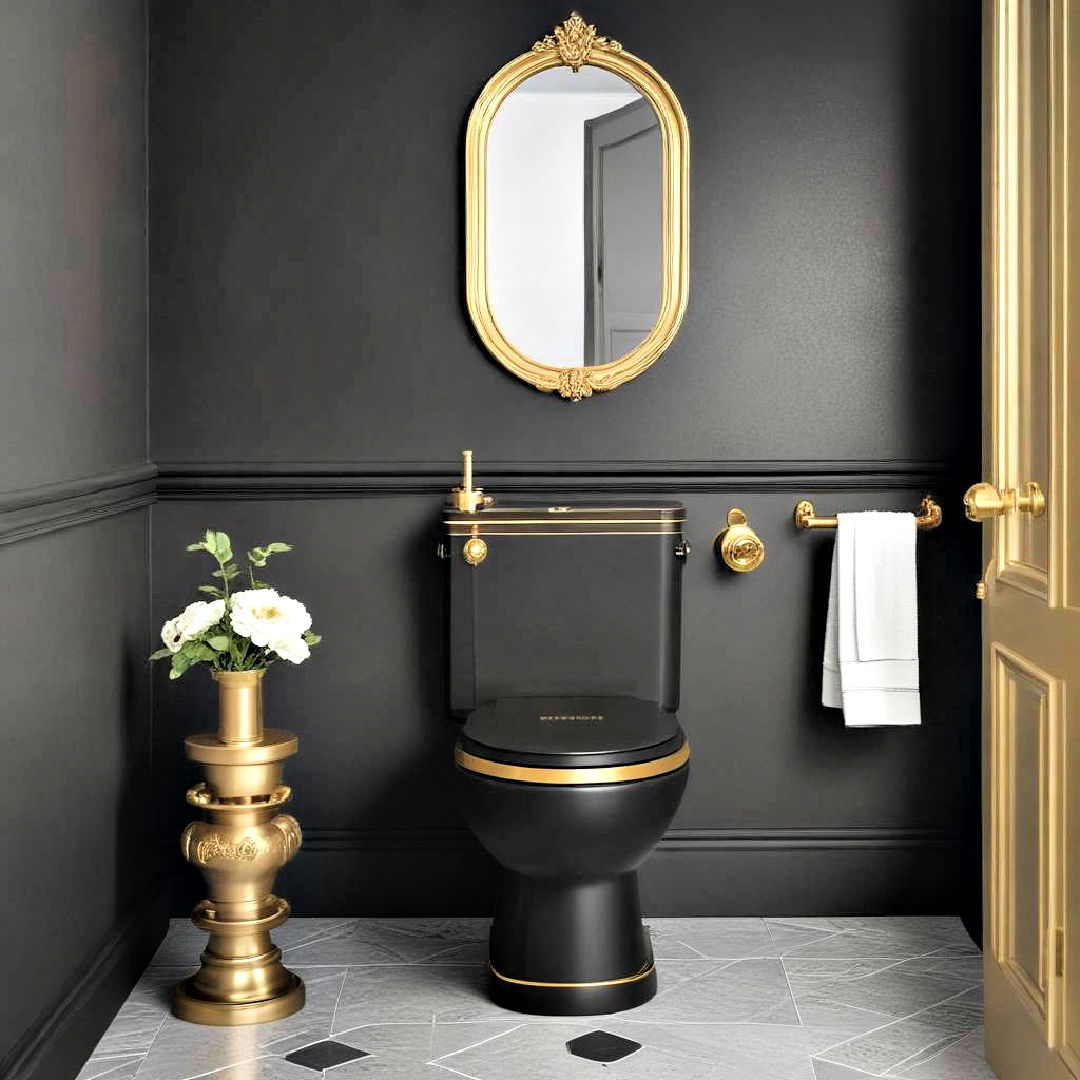 unique black toilet with gold details - 20 Black and Gold Bathroom Ideas