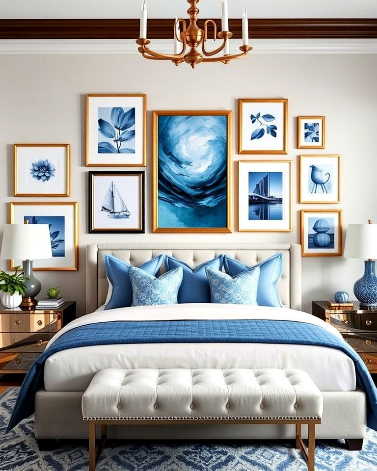 unique blue art gallery wall - 25 Luxury Blue Bedroom Ideas