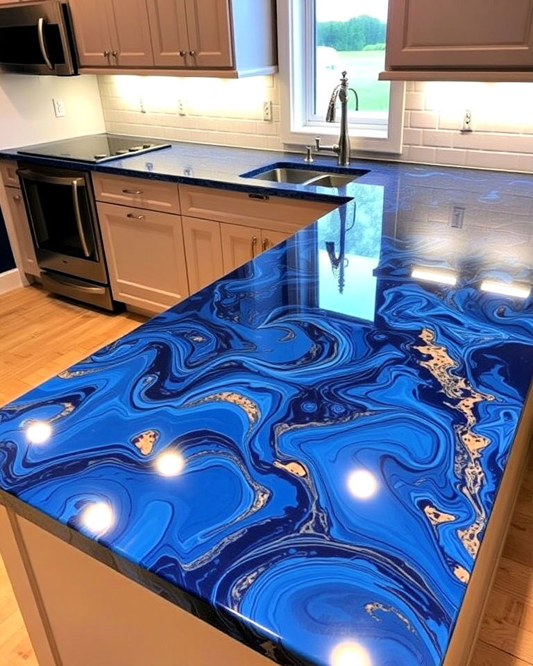 unique blue epoxy countertops with bold patterns - 20 Kitchens With Blue Countertops