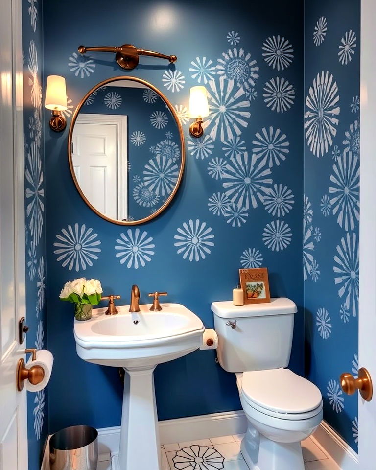 unique blue stenciled walls - 20 Blue Powder Room Ideas