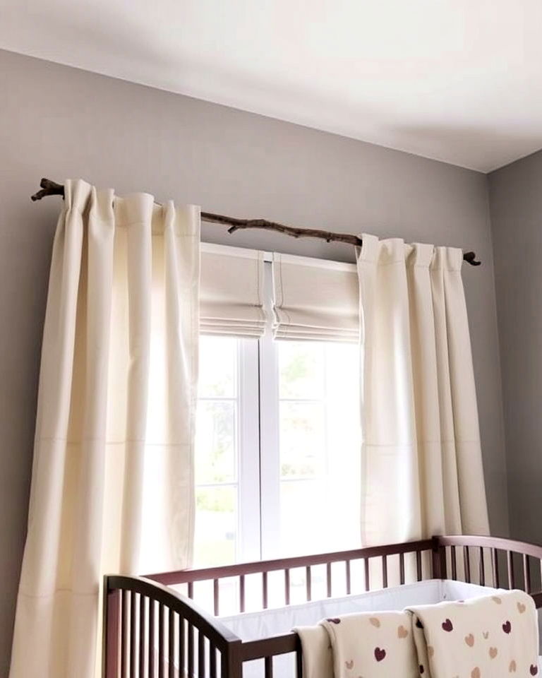 unique branch inspired curtain rods - 25 Woodland Nursery Ideas