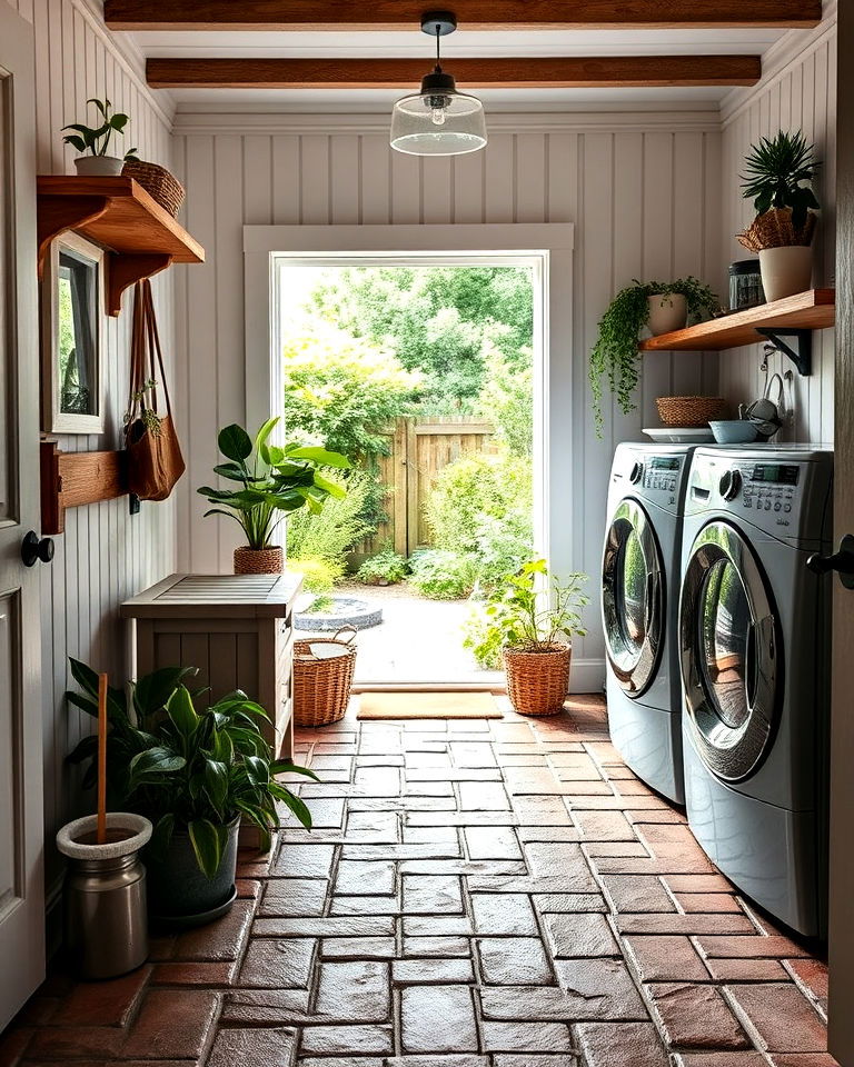 unique brick floors with outdoor inspired design - 15 Brick Floor Laundry Room Ideas