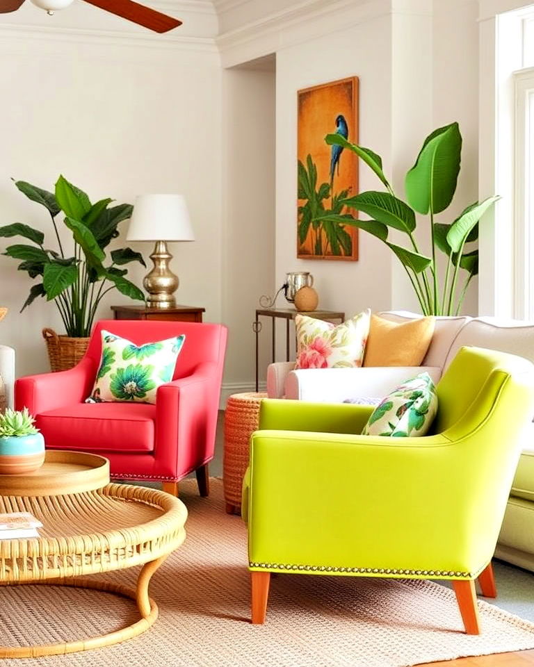 unique brightly colored accent chairs - 25 Tropical Living Room Ideas