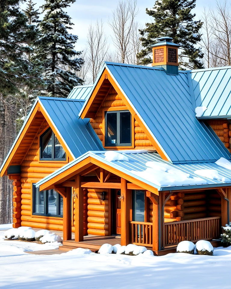 unique cabin retreat with arctic blue roof - 25 Houses With Blue Metal Roofs