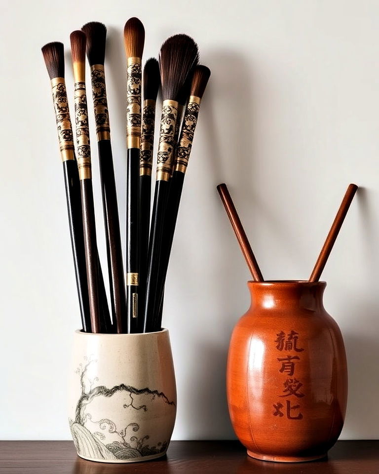 unique calligraphy brushes display - 25 Asian Living Room Ideas
