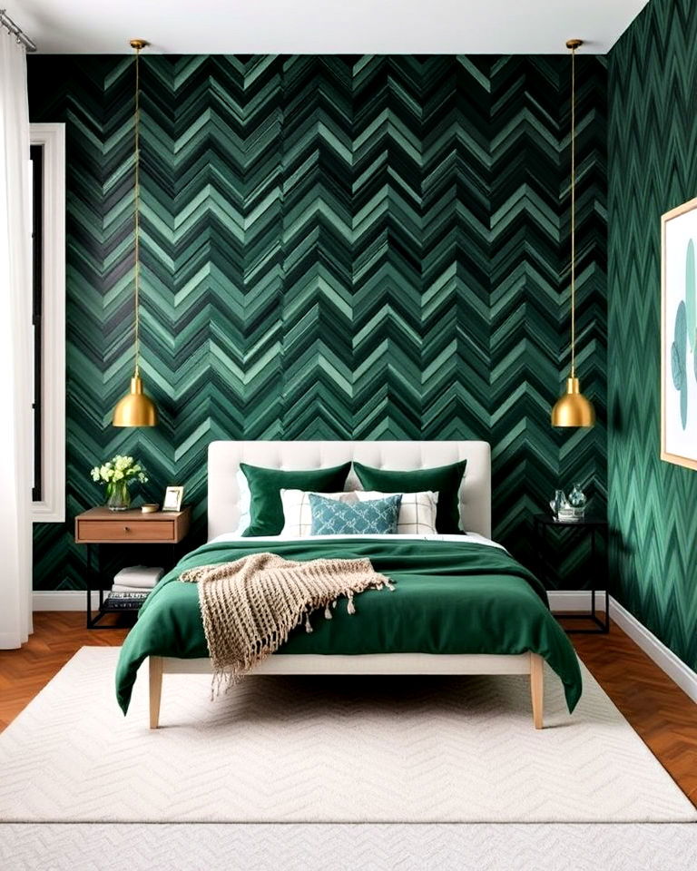 unique chevron patterned green panels - 20 Green Panelling Bedroom Ideas