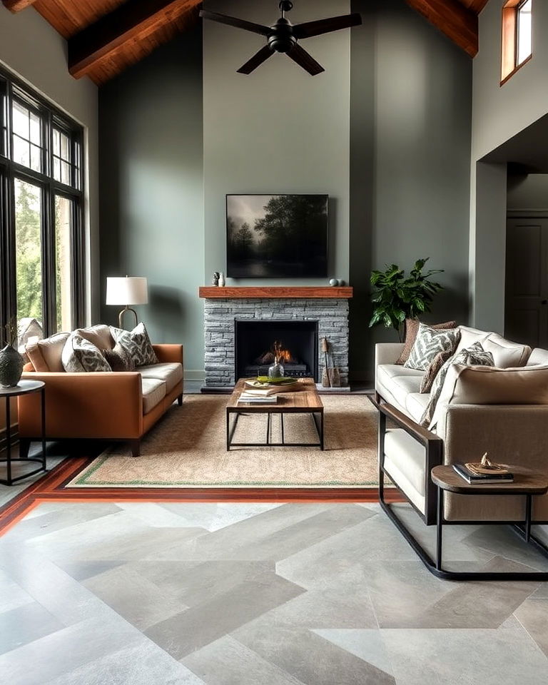 unique concrete floor with wood inlays - 20 Concrete Floor Living Room Ideas