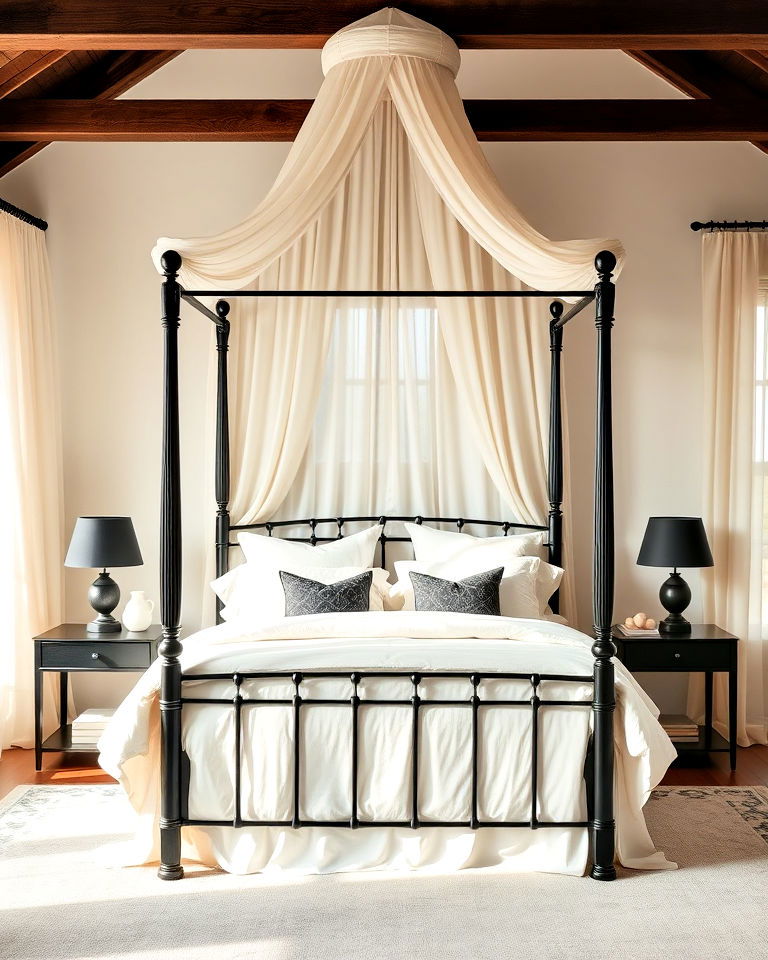 unique cream bed canopy with black frame - 35 Cream and Black Bedroom Ideas