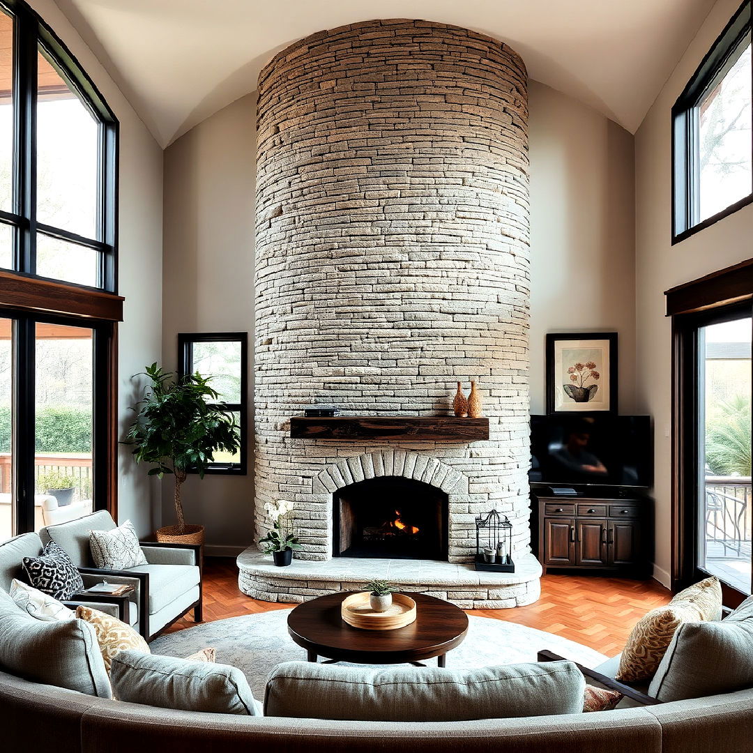 unique curved stacked stone fireplace - 25 Stacked Stone Fireplace Ideas
