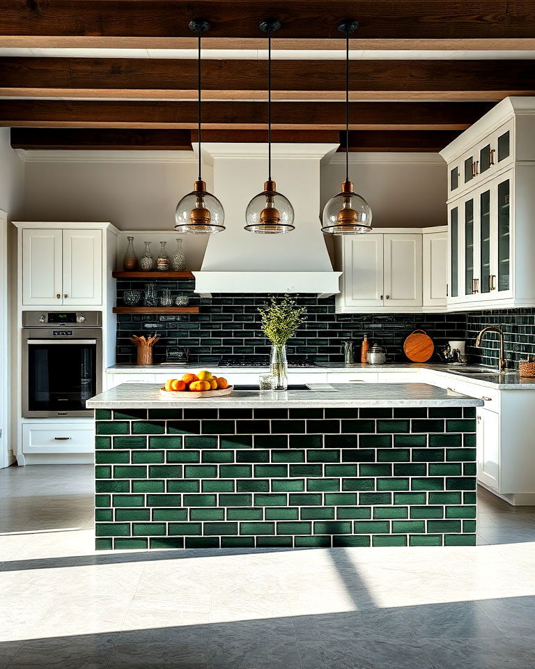 unique dark green tiled island - 40 Dark Green Kitchen Ideas