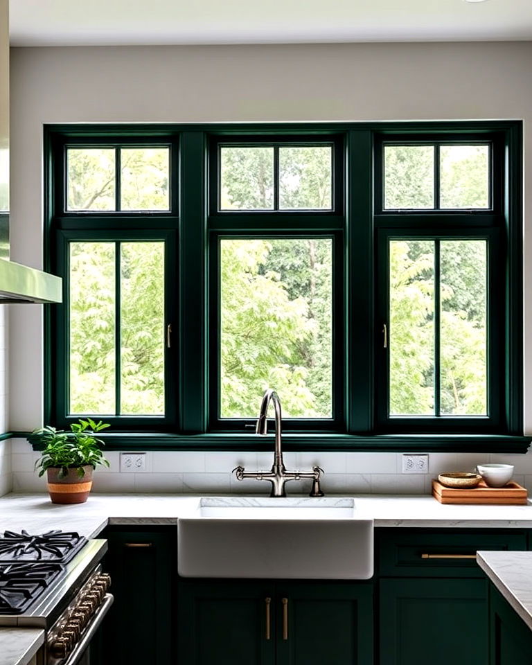 unique dark green window frames - 40 Dark Green Kitchen Ideas