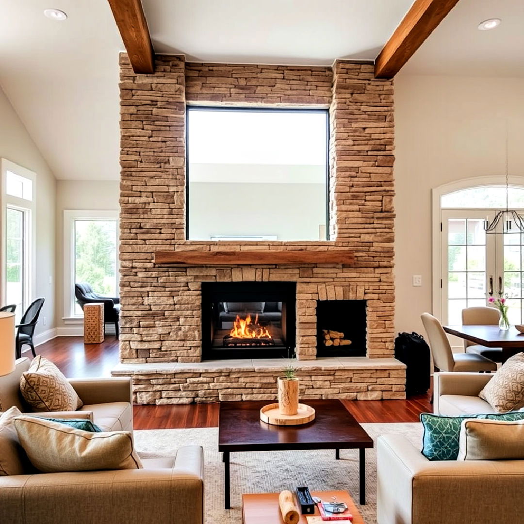 unique double sided stacked stone fireplace - 25 Stacked Stone Fireplace Ideas
