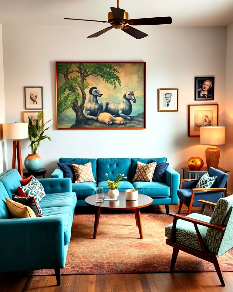 unique eclectic mix living room design - 20 Teal Couch Living Room Ideas