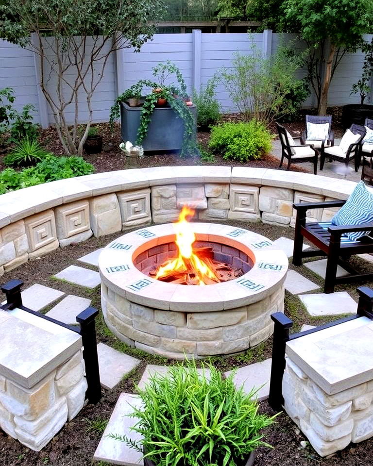unique fire pit with greek design - 30 Greek Garden Ideas