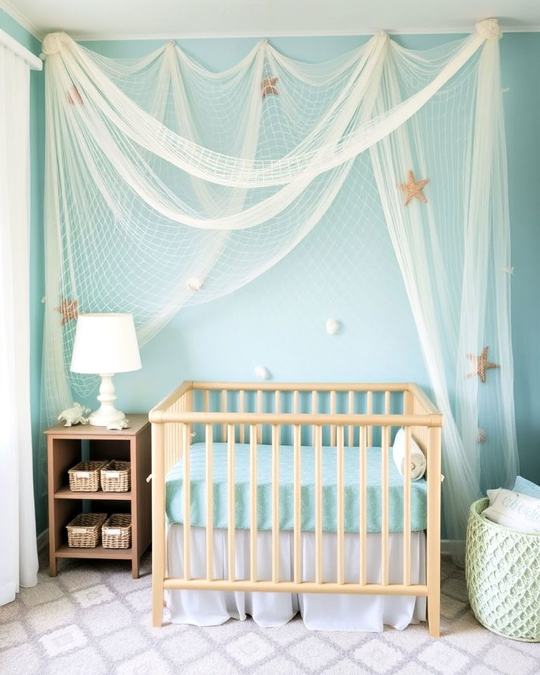 unique fish netting wall decor - 20 Ocean-themed Nursery Ideas