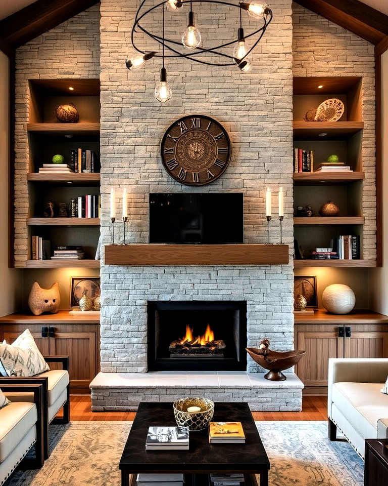 unique floor to ceiling fireplace with built in shelving - 20 Floor-to-Ceiling Stone Fireplace Ideas