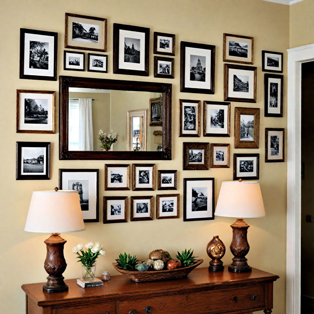 unique gallery wall around a mirror - 40 Gallery Wall Ideas