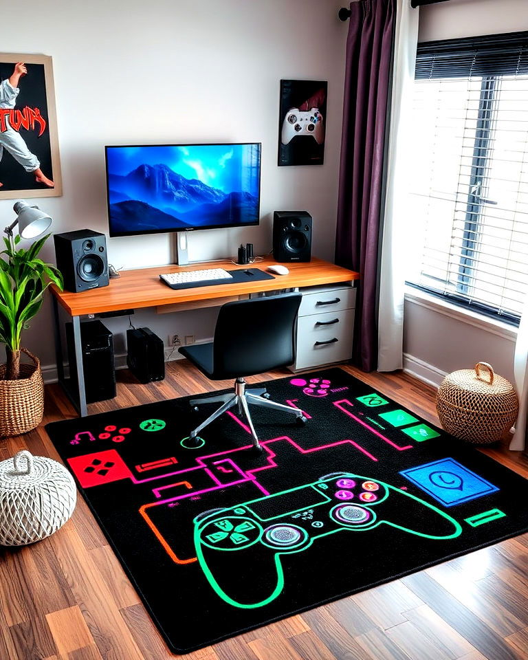 unique gaming rug with controller design - 20 Gamer Girl Room Ideas
