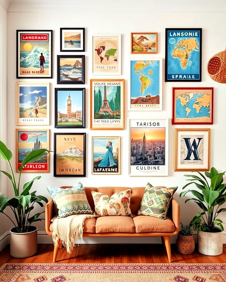 unique global influence with travel art - 25 Eclectic Gallery Wall Ideas