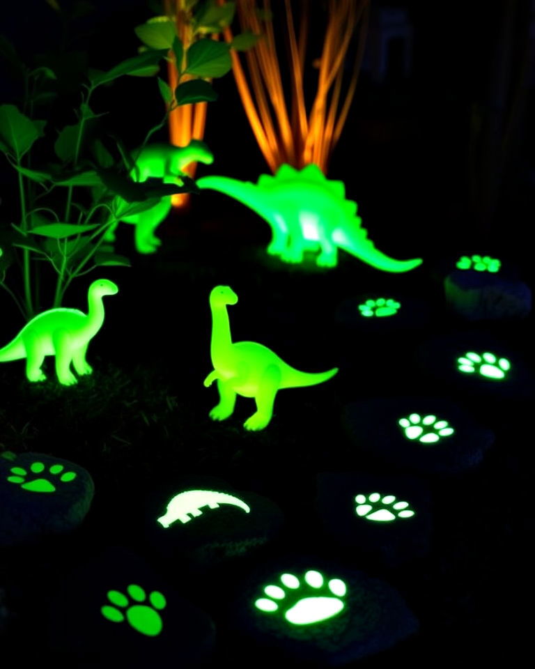 unique glow in the dark dino accents - 20 Dinosaur Garden Ideas