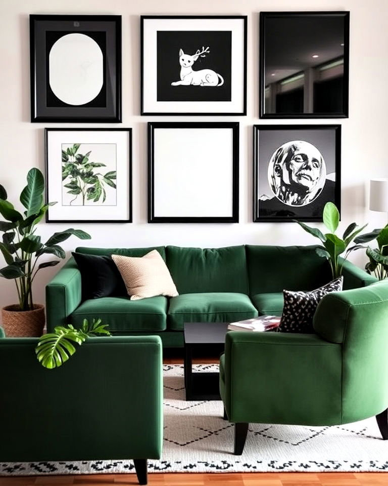 unique green furniture with black framed decor - 30 Black and Green Living Room Ideas