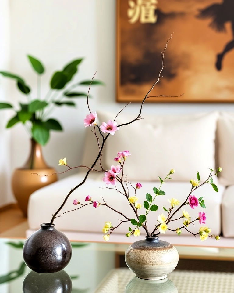 unique japanese ikebana flower arrangement - 25 Asian Living Room Ideas