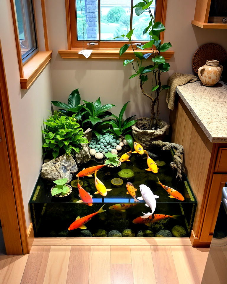 unique kitchen corner koi pond - 20 Indoor Koi Pond Ideas