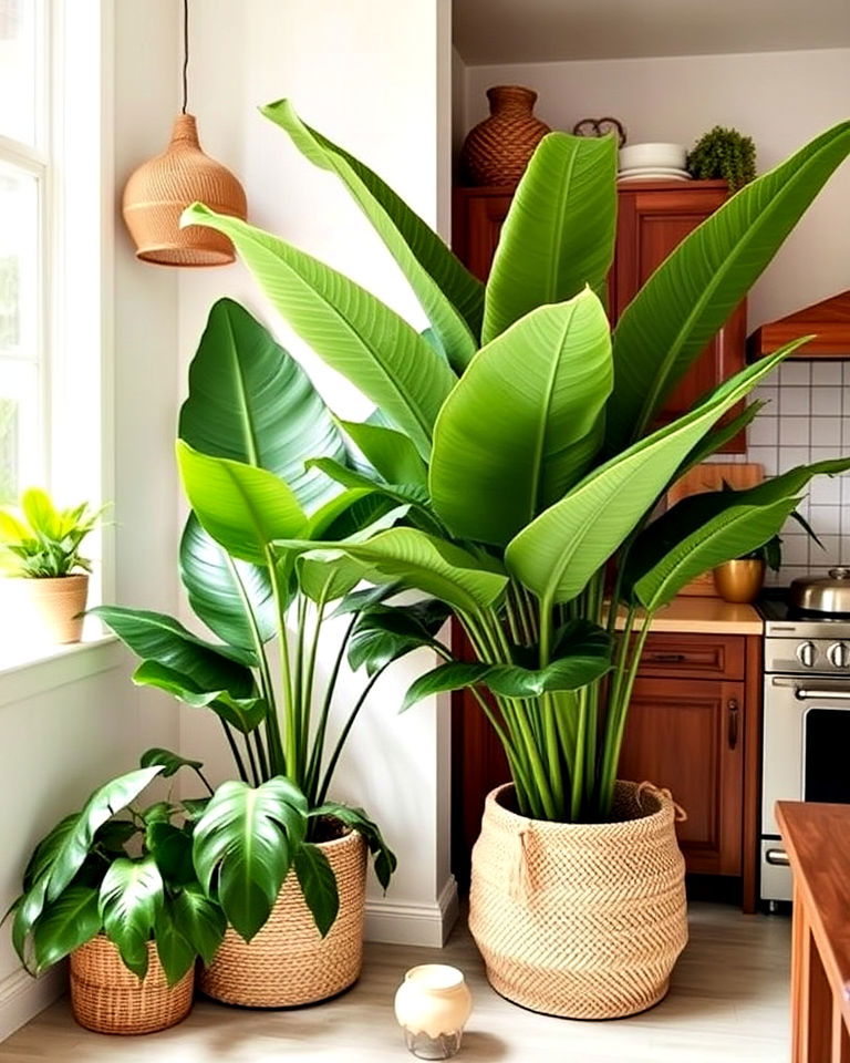 unique large leafy plants - 20 Tropical Kitchen Ideas