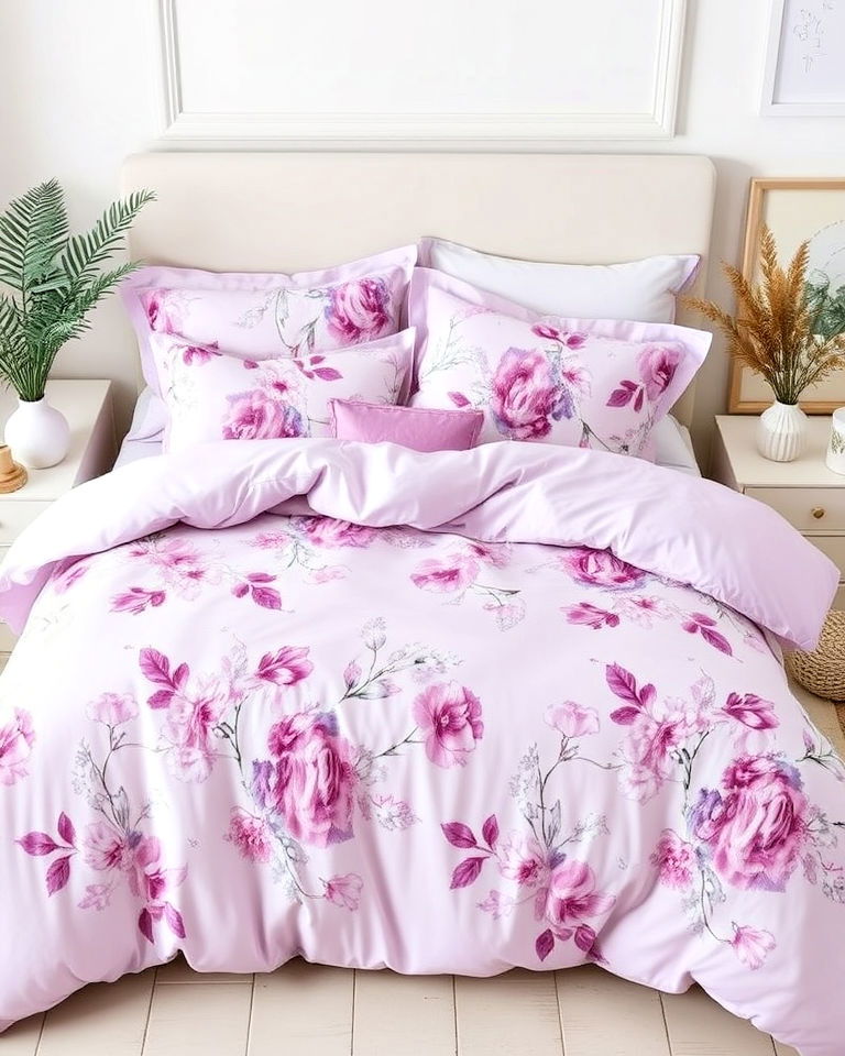 unique lilac bedding set with floral patterns - 15 Lilac Bedroom Ideas