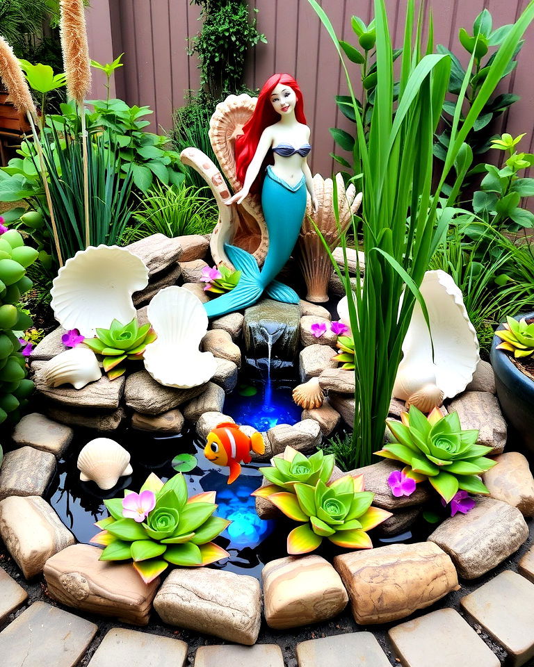 unique little mermaid themed water feature - 20 Disney Garden Ideas