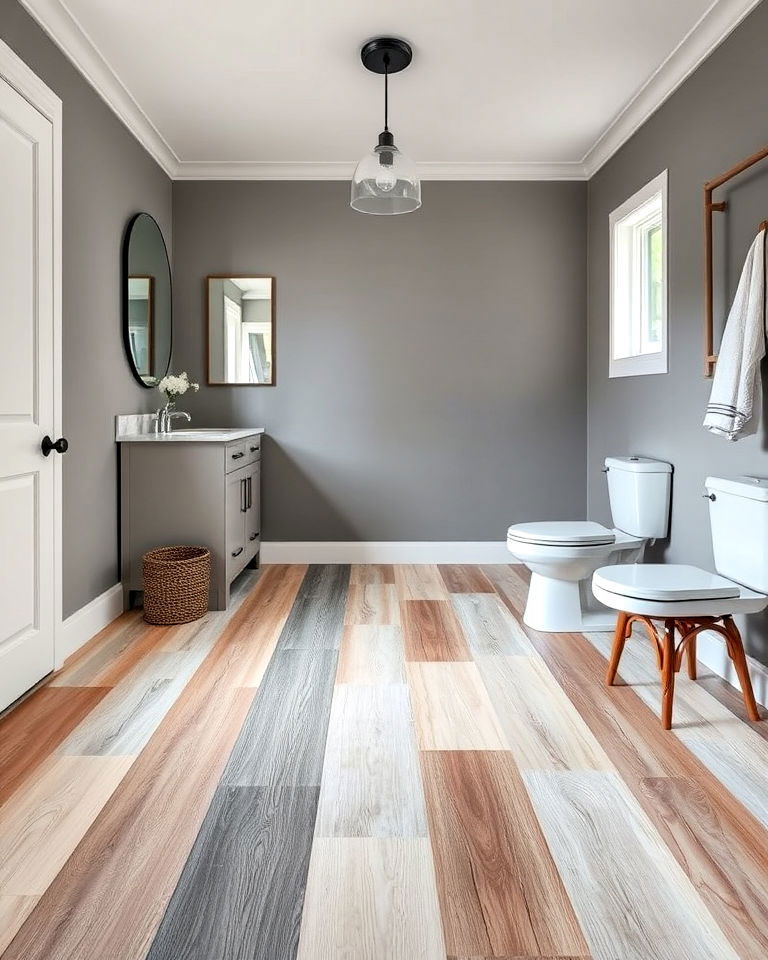 unique look mixed wood tones flooring - 25 Ideas for Wood Floors in Bathrooms