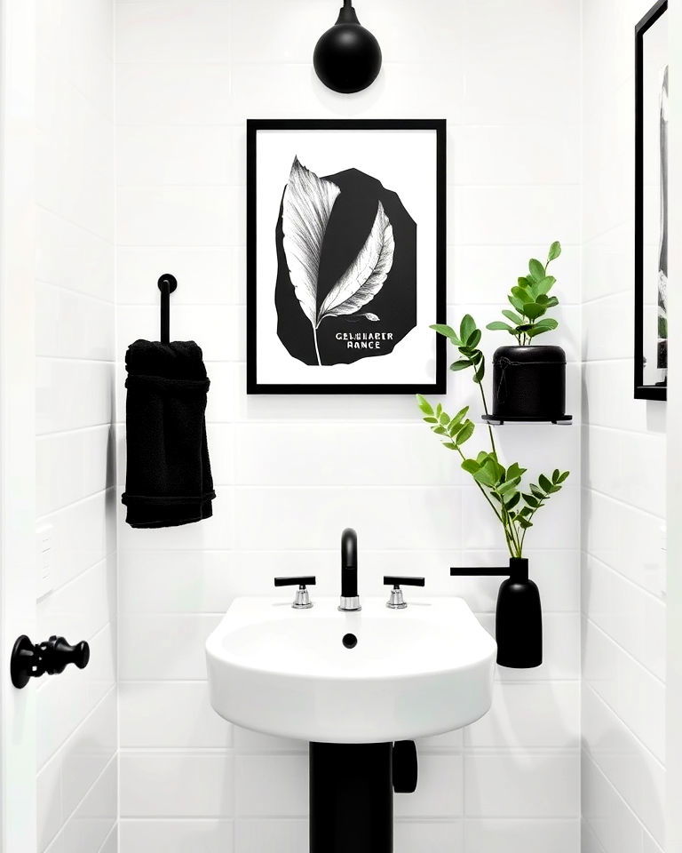 unique matte black fixtures with glossy white tiles - 20 Black and White Powder Room Ideas