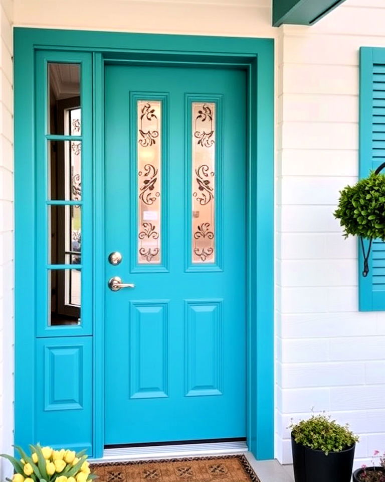 unique monochrome turquoise entry - 20 Turquoise Front Door Ideas