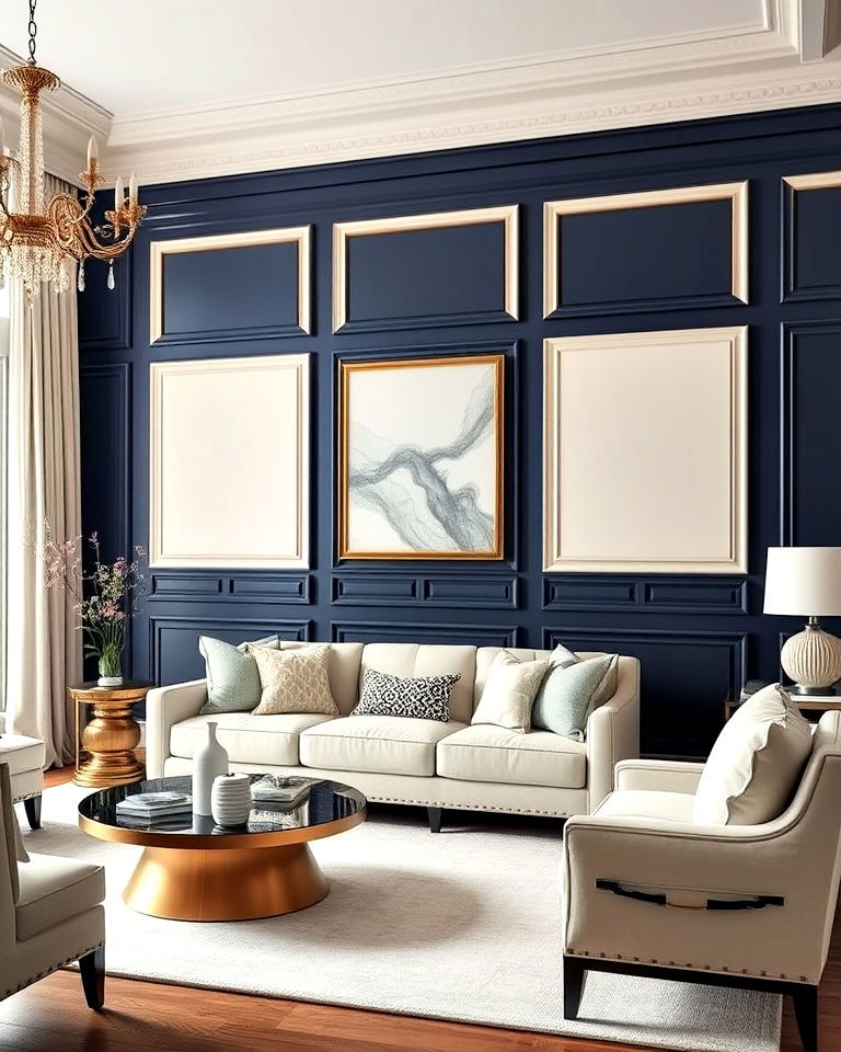 unique navy and cream wall panels - 25 Navy and Cream Living Room Ideas