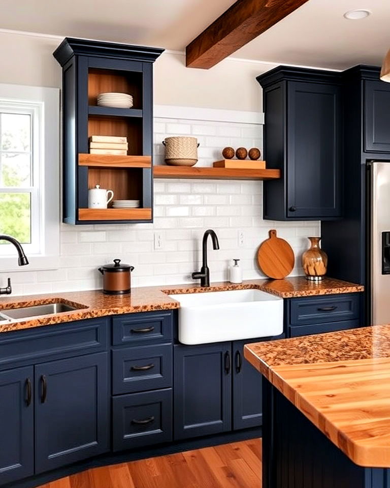unique navy blue and wood accents - 20 Blue Kitchen Cabinets With Brown Granite Countertops