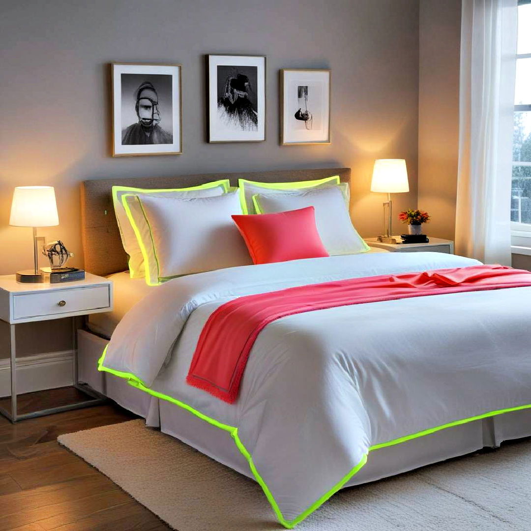 unique neon bedding trim - 30 Neon Bedroom Ideas