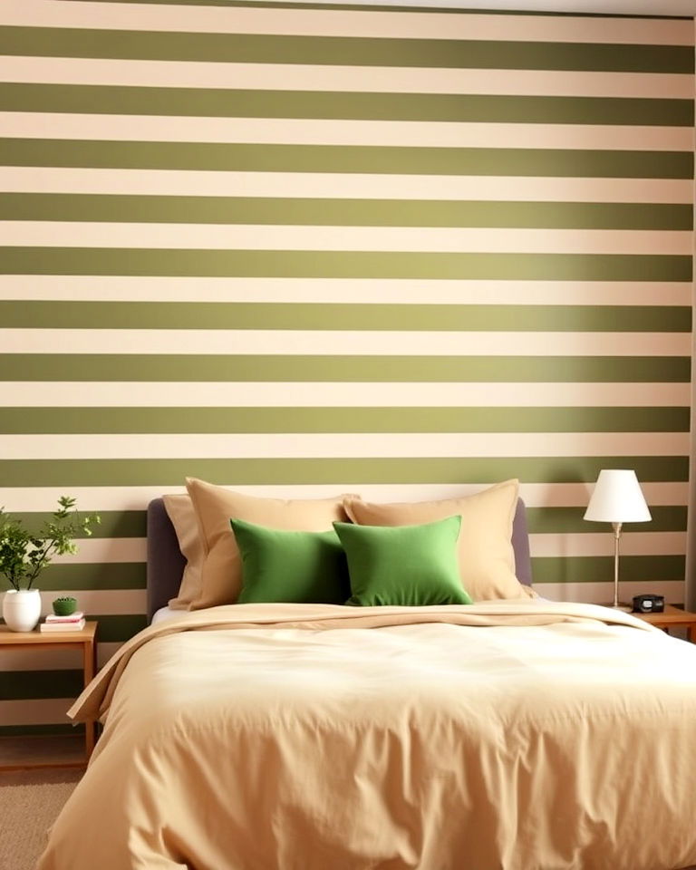 unique olive green and beige striped wall - 30 Green and Beige Bedroom Ideas