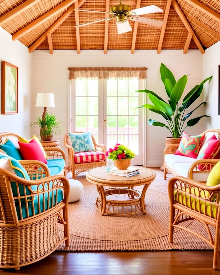 unique rattan furniture with bright cushions - 25 Tropical Living Room Ideas