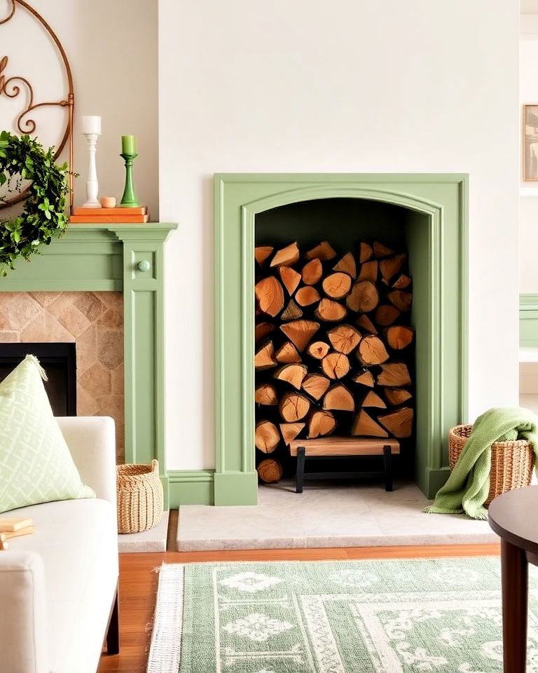 unique sage green built in firewood storage - 15 Sage Green Fireplace Ideas