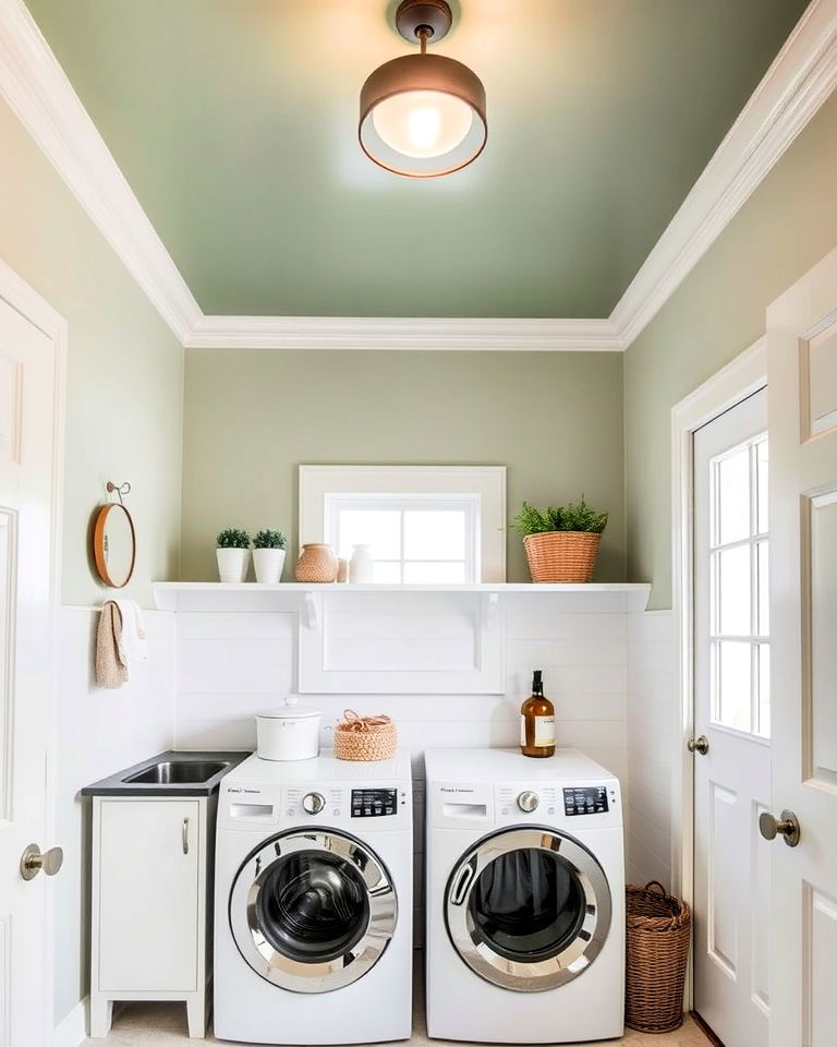 unique sage green ceiling - 15 Sage Green Laundry Room Ideas