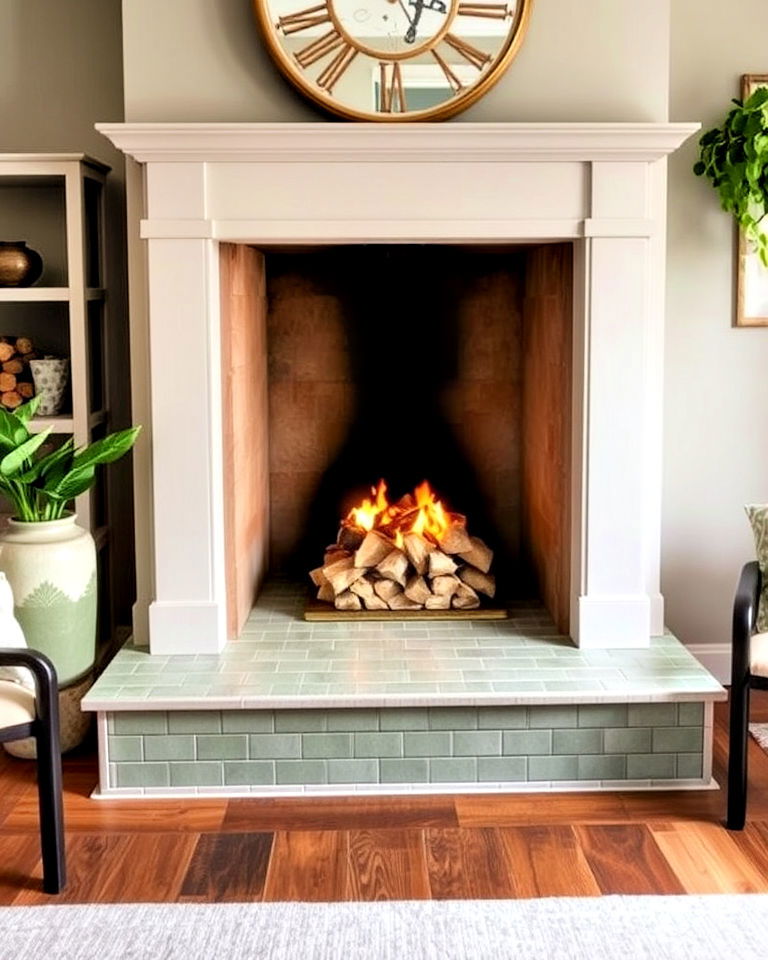 unique sage green tiled hearth with neutral surround - 15 Sage Green Fireplace Ideas