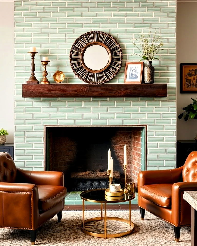 unique sage green tiles for a fireplace - 20 Sage Green and Brown Living Room Ideas